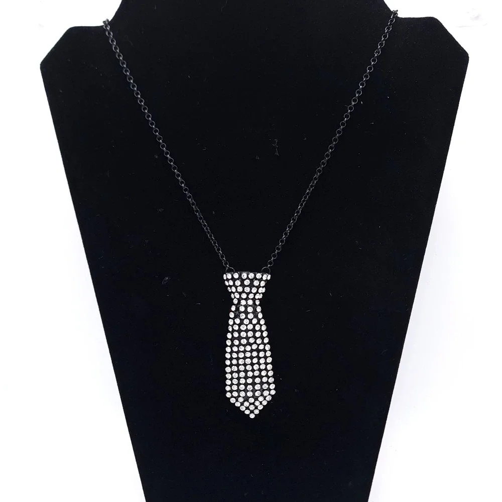 Charming Charlie Rhinestone Necktie Necklace Black Tone NWT
